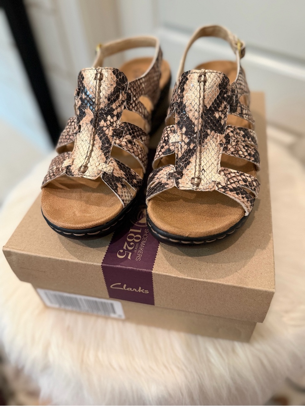 Clarks Women's Snake-Print Slingback Sandals in Beige and Black